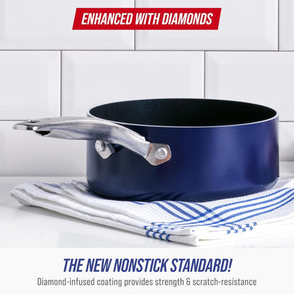 2QT Diamond Infused Ceramic Nonstick Sauce Pan with Lid, Blue | Pfas-Free Ceramic Nonstick Chef Pot, Dishwasher & Oven Safe, Durable Metal Utensil Safe, Soups, Glass Lid2