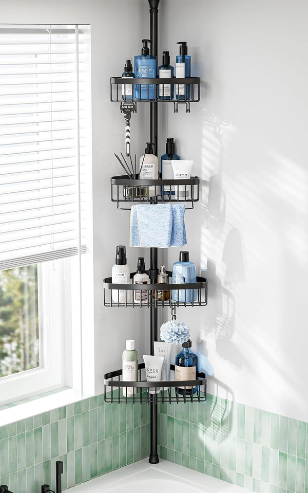 Corner Shower Caddy Tension Pole: Adjustable Rustproof 4-Tier inside Bathroom Organizer - 47-121 Inch Quick Installation Bathtub Shelves for Shampoo Storage - Rod Floor Standing Bath Rack - Black1