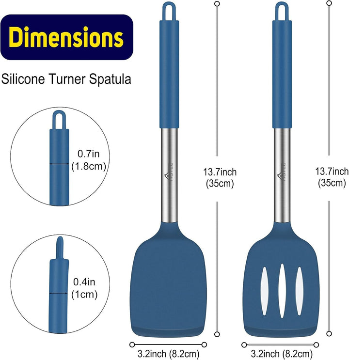 Silicone Spatula Set of 2 Heat-Resistant 600°F & Bpa-Free Kitchen Saptulaturner with Stainless Steel Handles, Slotted & Solid Spatulas for Nonstick Cookware, 13.7 Inch, Classic Blue+2