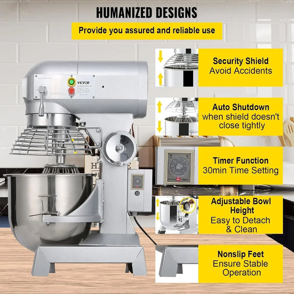 10Qt Commercial Food Mixer with Timing Function， Commercial Mixer 500W Stainless Steel Bowl Heavy Duty Electric Food Mixer Commercial with 3 Speeds Adjustable, Perfect for Bakery Pizzeria6