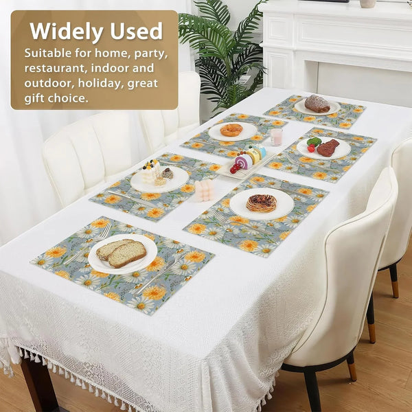 Daisy Placemats Set of 6 Linen Washable, Heat-Resistant 12X18 Inchyellow and White Flowers Plantstable Place Mats for Kitchen Dining for Home Party Holidays6