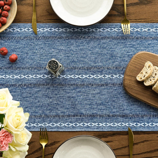 Blue Rustic Cotton Linen Table Runner, Seasonal Embroidered Hollow Kitchen Dining Table Decoration for Home Party Decor 13X72 Inch2