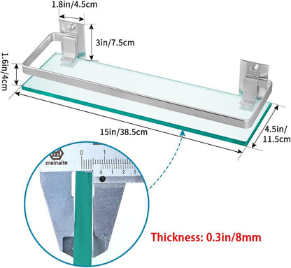 2-Pack Tempered Glass Bathroom Shelf with Rail, 15" X 4.5" Rectangular Shower Caddy, Wall Mounted Floating Shampoo Holder for Lavatory, Kitchen, Living Room3