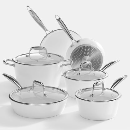 Ceramic Pots and Pans Set Nonstick, 10Pcs White Cookware Set | Induction Compatible & Oven Safe, Non-Toxic PTFE PFOA Free Healthy Kitchen Cooking Set for All Stovetops, Easy to Clean9