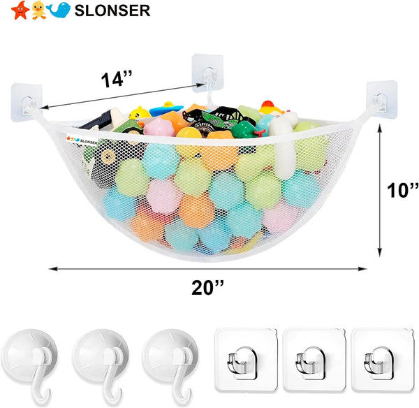 Bath Toy Storage Organizer for Bathtub – Large Mesh Bath Toy Holder & Bath Toy Net, Corner Bathtub Toy Storage with 3 Strong Suction Cups, 3 Adhesive Hooks, Quick-Dry Toy Holder for Tub & Shower3