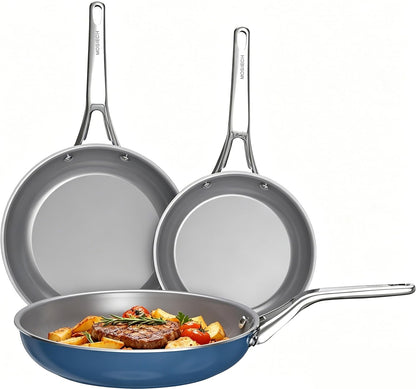 3-Piece Blue Ceramic Nonstick Frying Pan Set, Induction Cookware | 8, 9.5, 11 Inch Skillets; Non-Toxic PFAS, PFOA Free; Anti-Scald Handles; Dishwasher&Oven Safe to 480°F; Swift Clean Up1