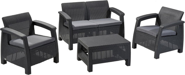 Keter Corfu 4 Piece Set All Weather Outdoor Patio Garden Furniture with Cushions, Charcoal1