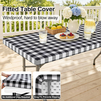 6 Foot Picnic Table Cloth, Flannel Backed Fitted Vinyl Tablecloths | Waterproof Elastic Rectangle Tablecloth ,Buffalo Plaid Table Covers for Dining, Camping, Outdoor (Black and White, 30" X 72")2