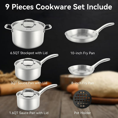 Tri-Ply Stainless Steel Induction Cookware, 9PC Pots and Pans Set | Whole Clad 3-Layer Steel, Family Cookware Set, Even Heating, Dishwasher and Oven Safe7