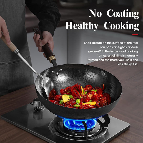 Carbon Steel Wok Pan, 13.4-Inch Nonstick Pre-Seasoned Woks & Stir-Fry Pans with Glass Lid, No Chemical Coated Wok round Bottom Hand Hammered Chinese Wok for Gas Stoves8