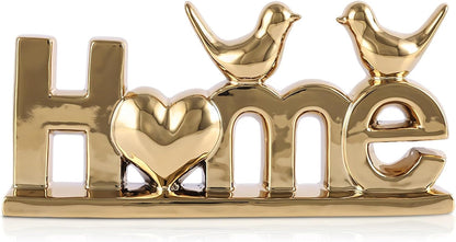 Home Sign Statue and Gold Love Birds Figurines, Modern Animal Home Decor Knick Knack, Ceramic Bird Statue for Floating Shelf Coffee Table Bookcase TV Stand Accent Side Table Decorative1