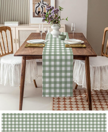 Sage Green Buffalo Plaid Table Runner 120 Inches Long Farmhouse Dress Scarves, Farmhouse Green White Checkered Dining Tablerunner for Coffee Table/Kitchen Island/Party Décor, 13" X 120"3