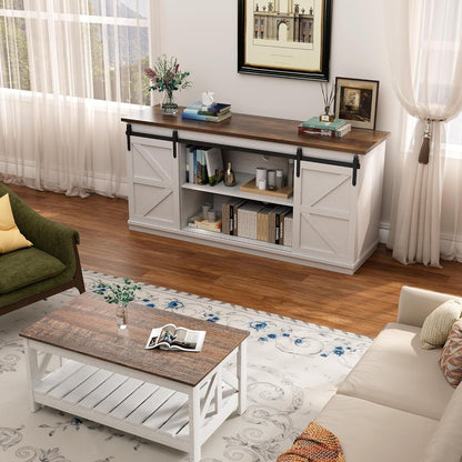 58" Farmhouse TV Stand for Tvs up to 65", Sliding Barn Doors, White | Entertainment Center, Storage Cabinets, Media Console for Living Room and Bedroom4
