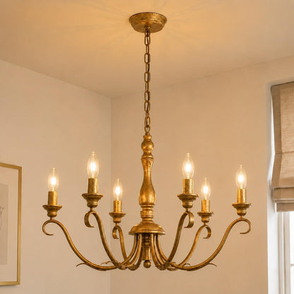 Farmhouse Vintage Antique Brass Chandelier: Distressed Gold Candle Fixture1
