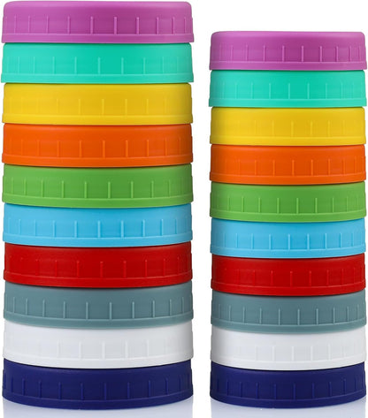 10 WIDE Mouth & 10 REGULAR Mouth Mason Jar Lids - 20 Pack Food Grade Plastic Mason Jar Caps for Ball, Kerr and More Canning Jars - Leakproof & Dishwasher Safe - Multicolor8