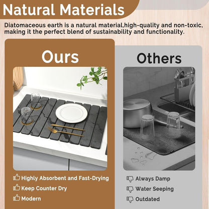 Large Stone Dish Drying Mat for Kitchen Counter, Quick Dry Stone Dishes/Bath Mats,Foldable Water Absorbing Diatomaceous Earth Drying Organizer Pad for Plate Rack Bottles Utensils(Dark Gray 24"×16")7