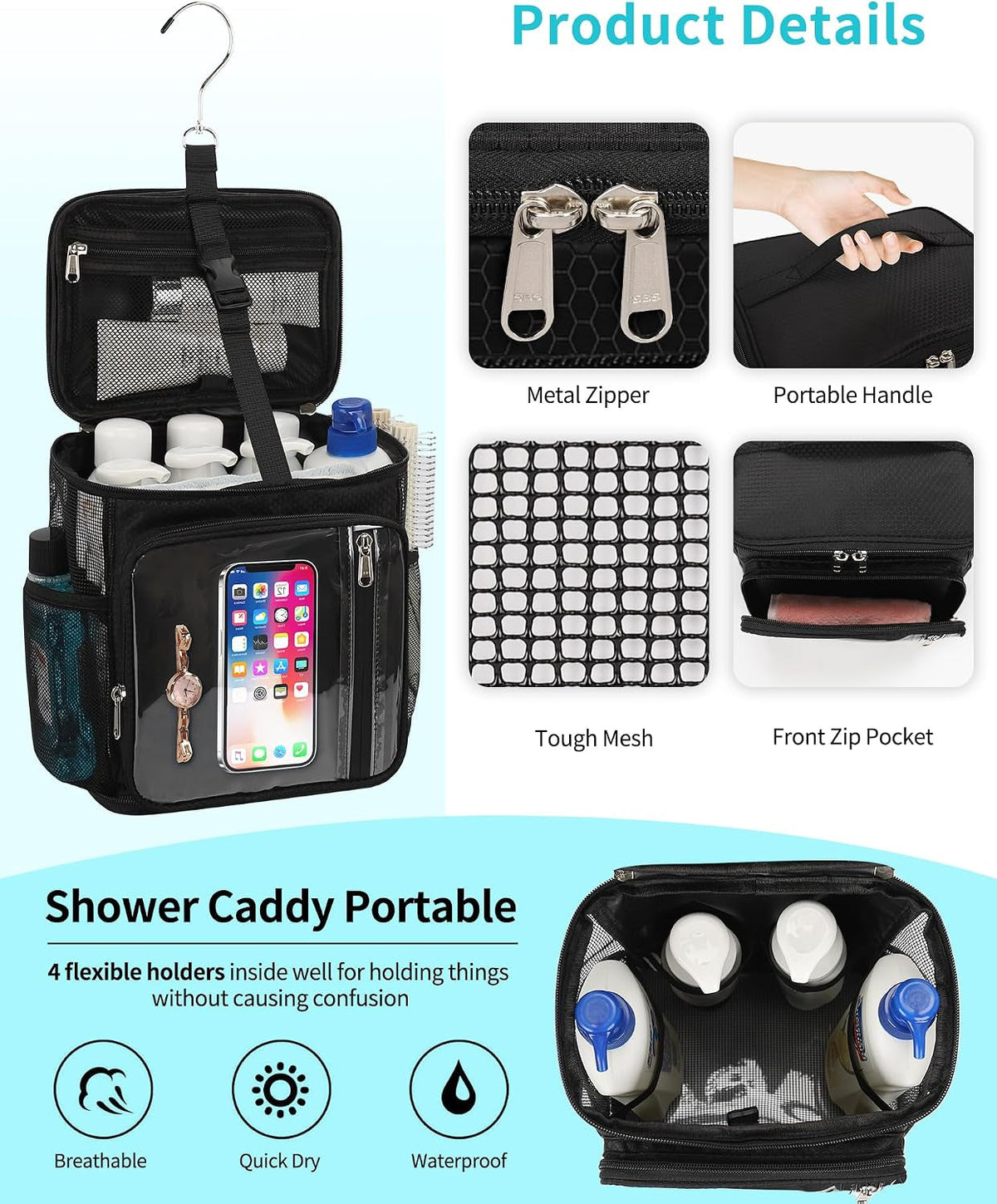 hanging-shower-caddy-portable-bag-quick-dry-shower-tote-for-dorm-college-essentials-water-resistant-travel-toiletry-bag-with-separate-compartment-multiple-pockets-black-m