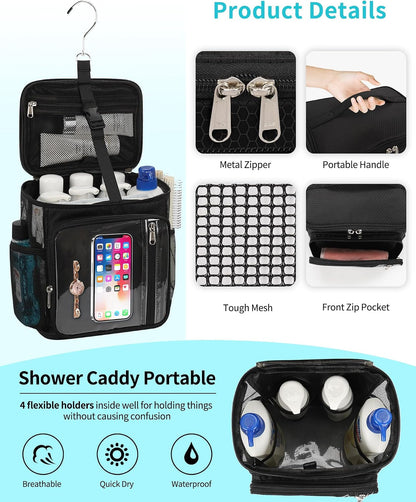 Hanging Shower Caddy Portable Bag - Quick Dry Shower Tote for Dorm College Essentials, Water-Resistant Travel Toiletry Bag with Separate Compartment & Multiple Pockets (Black, M)3