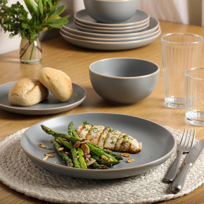 Rockaway 12-Piece Stoneware Dinnerware Set, Matte Finish, Service for 4, Modern Ceramic Plates and Bowls, Microwave & Dishwasher Safe – Soft Gray - Service for 45