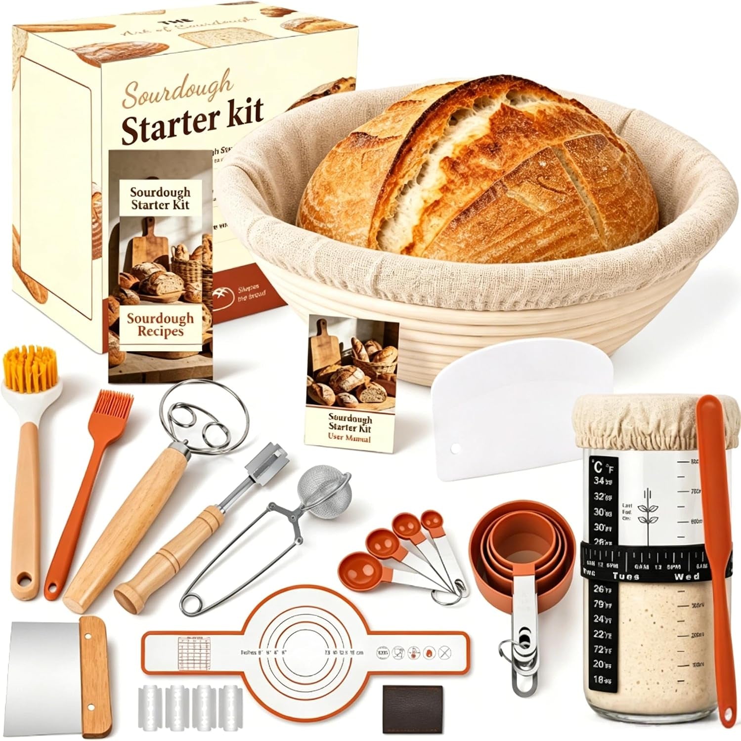 sourdough-starter-kit-sourdough-bread-baking-supplies-banneton-bread-proofing-basket-with-starter-jar-dough-whisk-scrapers-recipe-round-bread-proofing-basket-for-bread-baking