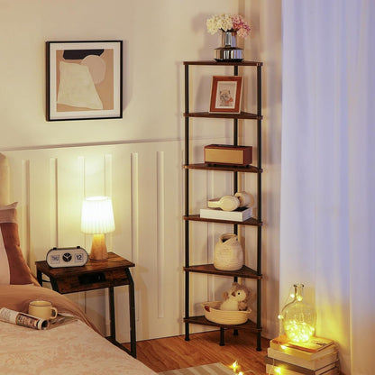 Corner Shelf Stand, Industrial 6-Tier Wall Corner Bookshelf with Metal Frame, Plant Display Shelf, Bookcase for Small Spaces, Bedroom, Living Room, Rustic Brown BF36CJ012