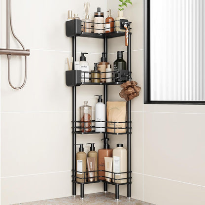 Rustproof 4 Tier Floor Standing Corner Shower Caddy Organizer with Toothbrush Holder, Large Spacing Floor Shower Shelf Rack Storage Stands with Hooks for Bathroom Kitchen, Black1