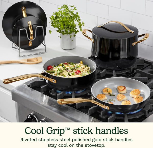 Culinary Ceramic Cookware Set, Dishwasher Safe Nonstick Pots and Pans, 10 Piece Kitchen Cookware Set for Home Cooking, Easy & Clean Design, Black, 34CG-10BK7