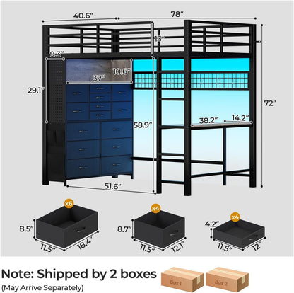 Twin Loft Bed with Desk,14 Storage Drawers & Power Outlet, Black2