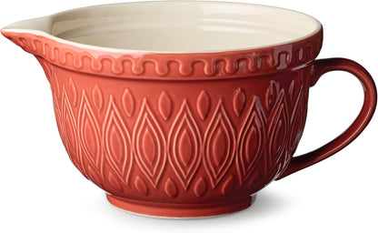 Vintage Farm Stoneware Batter Bowl, 2.5-Quart Capacity, 10.5X8X5-Inch, Embossed Rustic Red Design with Handle & Spout, Durable Farmhouse-Style Mixing Bowl for Baking & Cooking, Dishwasher Safe2
