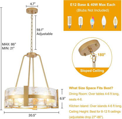20.5" Gold Glass Dining Room Chandeliers Modern, Farmhouse Drum Chandelier6