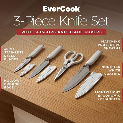 7-Piece Knife Set - Chef, Utility, Paring, Scissors & 3 Sheaths | Stainless Steel Cutlery, White Handles, Matte Finish, Hollow-Ground Blades, Electroplated ABS Bolsters, Comfortable Grip3