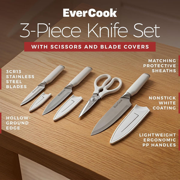7-Piece Knife Set - Chef, Utility, Paring, Scissors & 3 Sheaths | Stainless Steel Cutlery, White Handles, Matte Finish, Hollow-Ground Blades, Electroplated ABS Bolsters, Comfortable Grip3