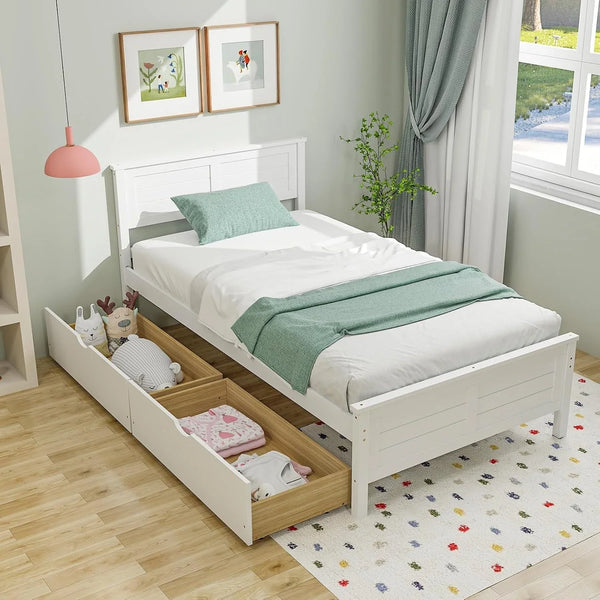 Wood Twin Bed with 2 Storage Drawers, Solid Wood Platform Bed with Headboard, Wooden Slats Support Mattress Foundation, No Spring Needed, Twin Bed Frame for Kids, Teens, Adults, White1