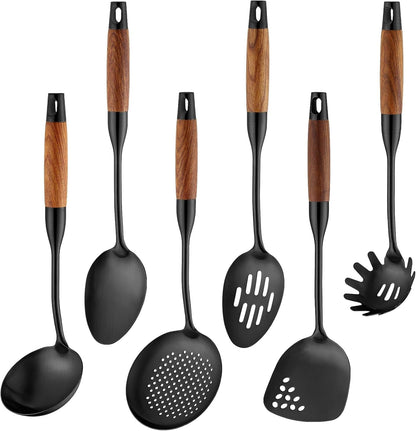 18/10 Stainless Steel Kitchen Utensils Set,6 Piece Cooking Utensils with Wood Handle,Heat Resistant Kitchen Tool Set with Spatula, Spoon, Ladle, Skimmer, Slotted Spoon, Pasta1