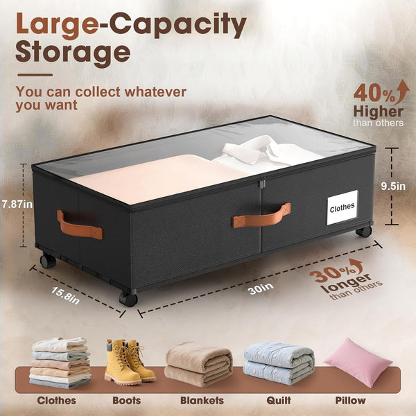 under Bed Storage Containers with Wheels, 9.5 Inches Higher Underbed Shoes Blankets Clothes Toy Storage Drawers for College Dorms Bedrooms Nursery Rooms Organization, 2 Pack to Be Assembled2