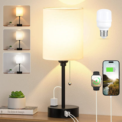Bedside Table Lamp for Bedroom - Small Desk Lamp with USB Ports | USB A+C Ports, AC Outlet, 3 Color Temperatures, LED Bulb Included, White Fabric Shade, Black Metal Base, 14" Nightstand Lamp1
