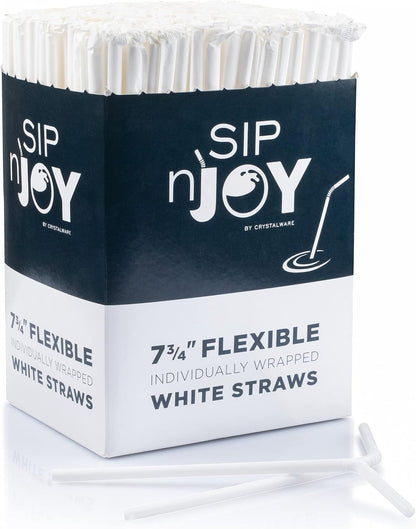 Crystalware Bulk Pack of 380 Flexible Plastic Drinking Straws - White, Individually Wrapped, Food-Safe BPA Free, 7.75 Inches Long (1 Box)1