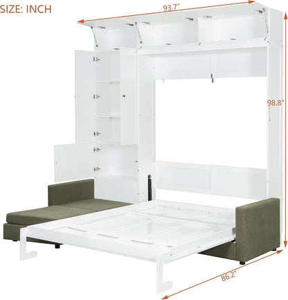 Wall Bed Queen Size with Sofa and Shelves,Multi-Functional Hideaway Murphy Bed W/Teddy Fleece Couches & Dual-Piston Metal Folding System Cabinet,Lock,Space Saving for Bedroom,Green2