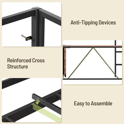 Twin Size Loft Bed with L-Shaped Desk, 3 Storage Drawers, Charging Station, Metal Kids Loft Bed Frame with LED Light & Ladder, Open Storage Shelves, No Box Spring Needed, Rustic Brown & Black6
