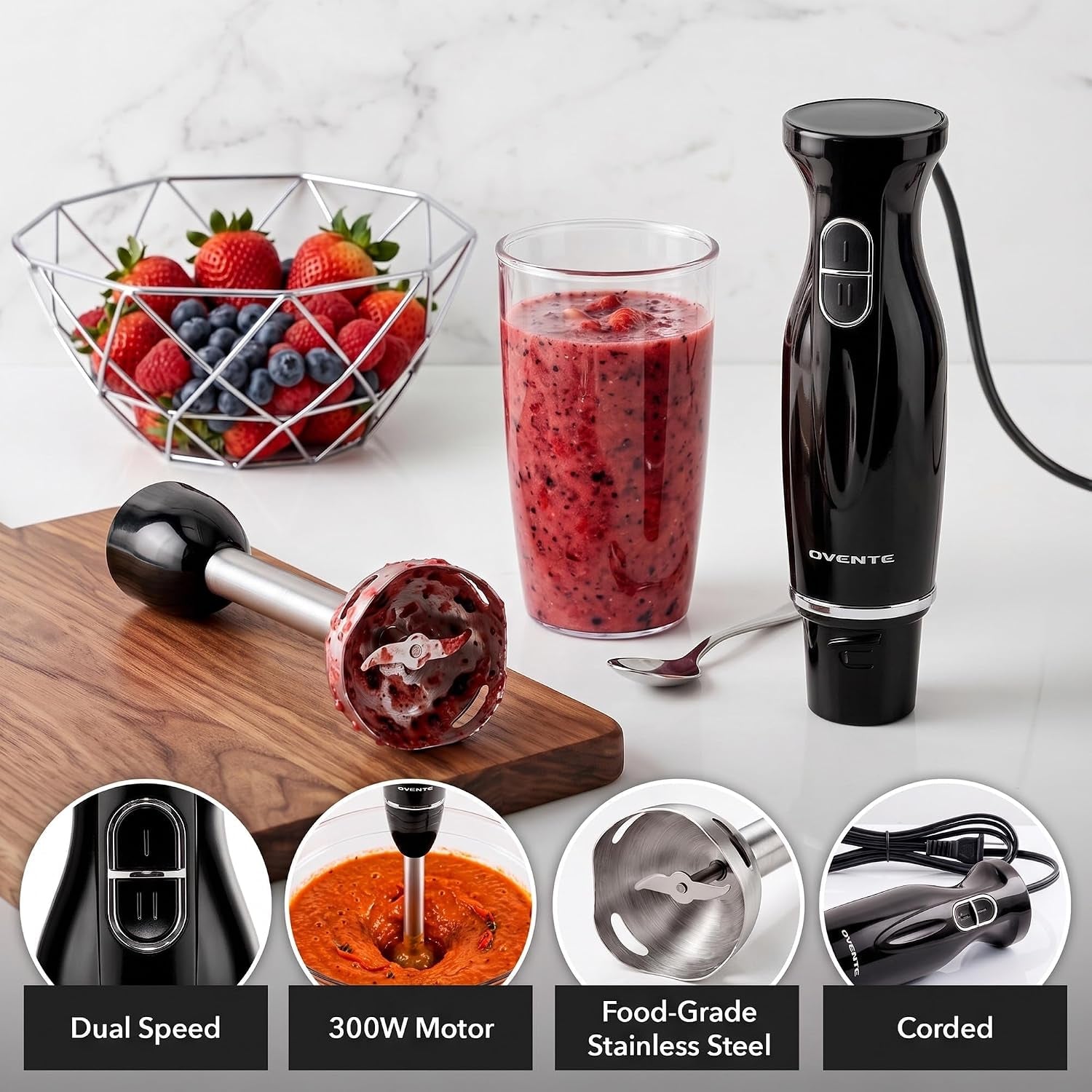 electric-corded-hand-blender-300w-with-2-mixing-speeds-black-hs560b-handheld-immersion-stick-mixer-with-stainless-steel-blades-for-smoothies-purees-baby-food