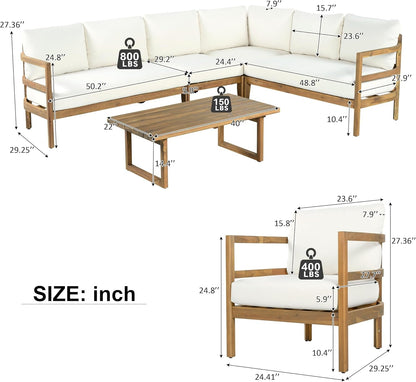 Outdoor Acacia Wood 7 Seater Sectional Sofa Set with Thick Cushions Patio Conversation Set Modular Outdoor Seating with Coffee Table and Club Chairs for Patio Garden Deck5