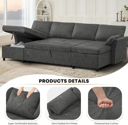 107 Inches Chenille Sectional Sofa with Pull Out Sofa Bed, Grey3