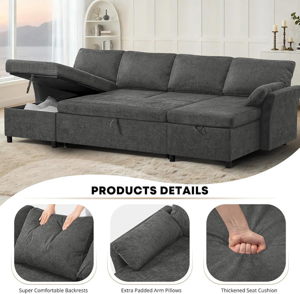 107 Inches Chenille Sectional Sofa with Pull Out Sofa Bed, Grey3