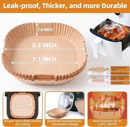 Air Fryer Paper Liners for 4 Qt / 5 Qt / 6 Qt (8.3'' on Top) | Compatible with Ninja/Chefman/Cosori/Instant Pot and Other 4Q-6Qt Airfryer, Thickened Square Disposable Liner3