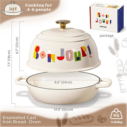 Cast Iron Dutch Oven Pot with Lid, 5QT round Bread Oven, Bonjour | Homemade Sourdough Bread Baking, Healthy & Non-Toxic, Dual Handles, All Stovetop Compatible, Oven Safe up to 500° F2