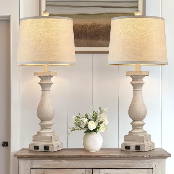 28" Tall Farmhouse Table Lamps Set of 2 with USB C+A Ports and AC Outlet, 3 Way Touch Control Rustic Bedside Lamp for Bedroom, Beige Vintage Nightstand Lamp for Living Room Office8