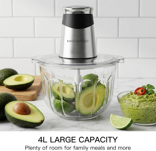 Electric Food Processor, 1000W Meat Grinder & Vegetable Chopper with 4L Thick Glass Bowl, 4 Blades and Dual-Speed Food Chopper for Meat, Vegetables, Fruits, Nuts, and Baby Food4