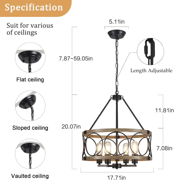 4-Light Farmhouse Chandelier, Rustic Faux Wood Chandeliers Dining Room Light Fixture, round Pendant Light, Hanging Kitchen Island Light for Living Room, Entryway, Foyer-Black & Wood Grain5