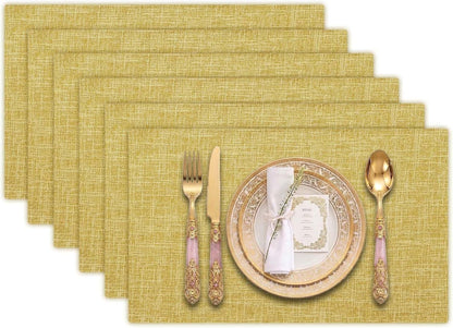 Faux Linen Farmhouse Placemats Set of 6, 11.8X18 Inch, Gold1