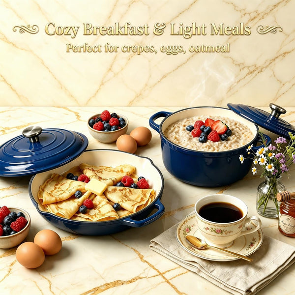 5-Piece Navy Blue Enameled Cast Iron Cookware Set | Includes 8" Frying Pan, 10" Skillet, 2.8QT and 3.5QT Dutch Ovens, and 4.7QT Casserole.8
